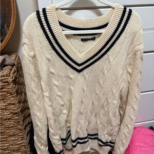 Brandy Melville Cream and Black V-Neck Sweater
